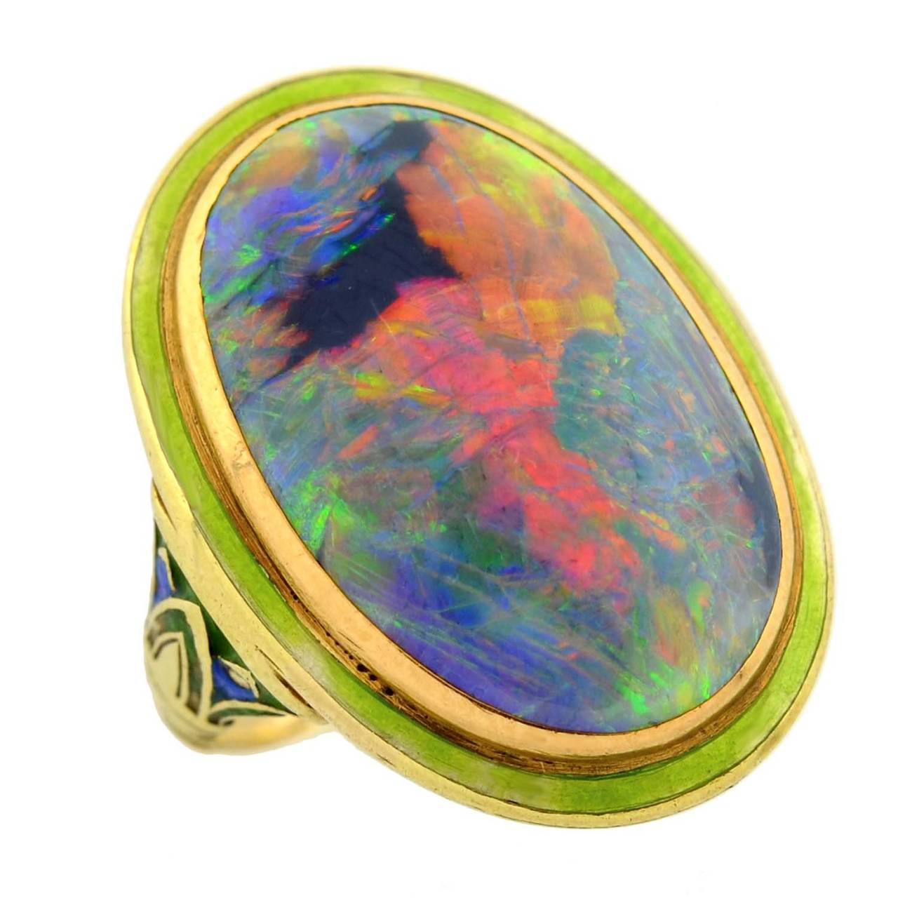 Art Nouveau Enameled Black Opal Gold Ring 1