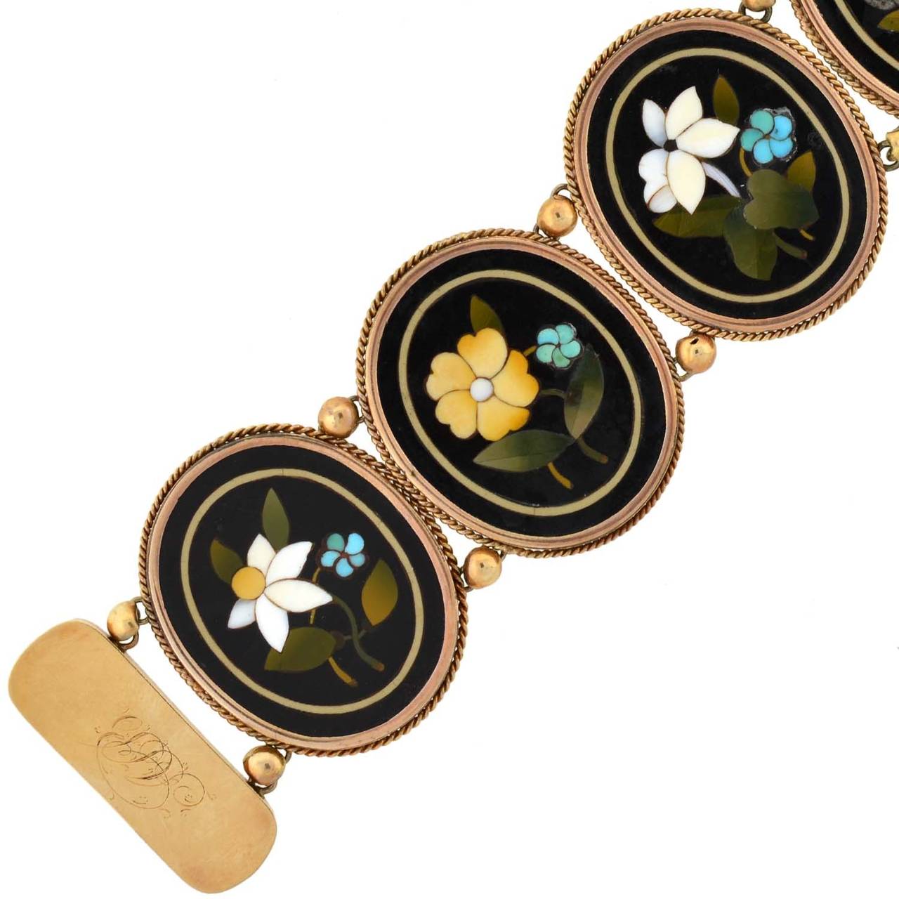 Viktorianisches bedeutendes Pietra Dura Gold Gliederarmband im Zustand „Hervorragend“ im Angebot in Narberth, PA