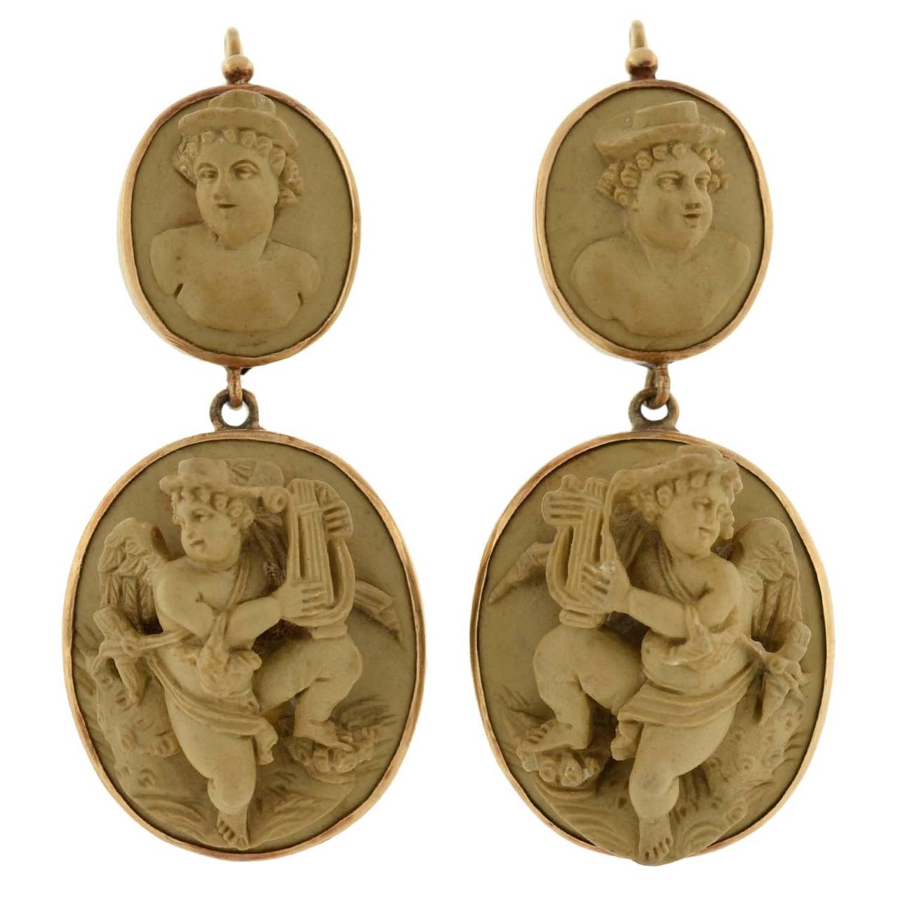 Important Victorian Carved Lava Cameo Earrings Pendant Set For Sale at ...