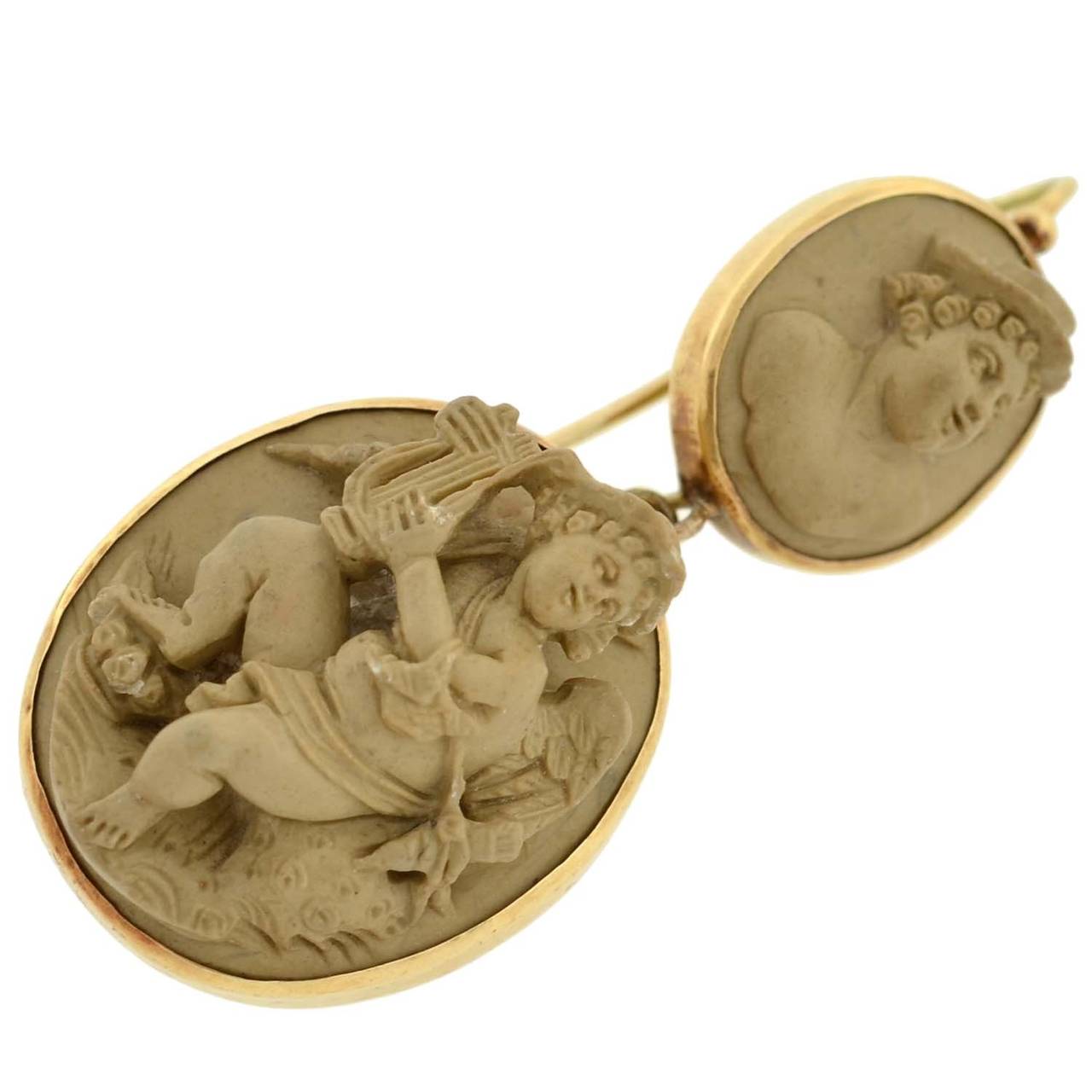Important Victorian Carved Lava Cameo Earrings Pendant Set 1