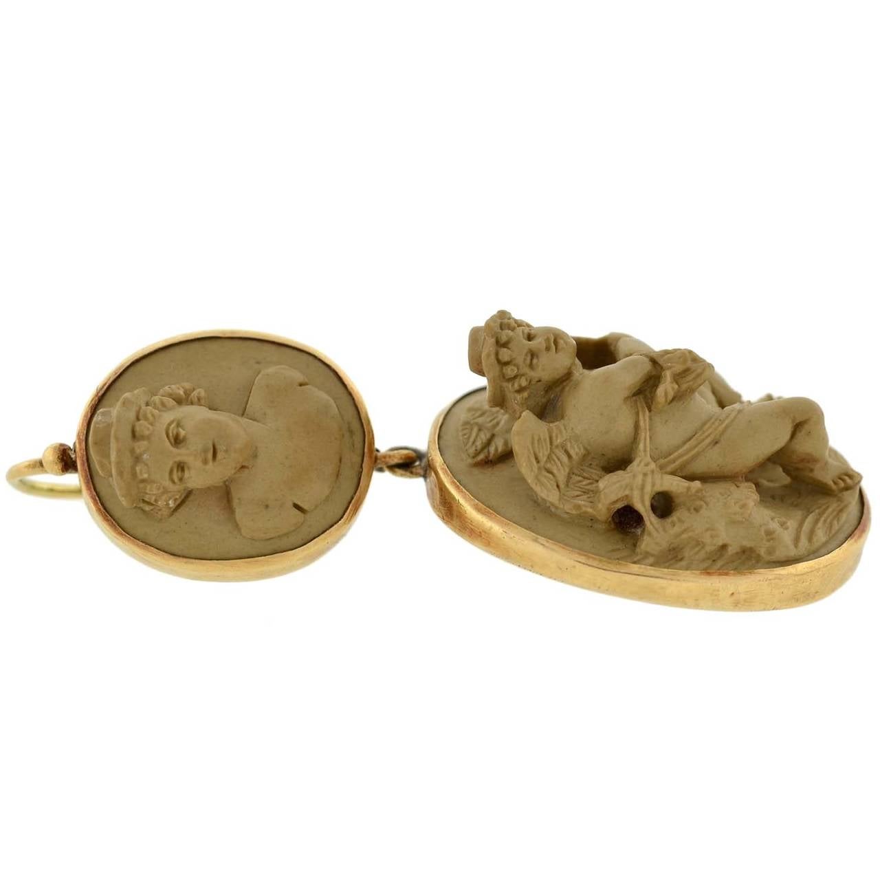 Important Victorian Carved Lava Cameo Earrings Pendant Set 2