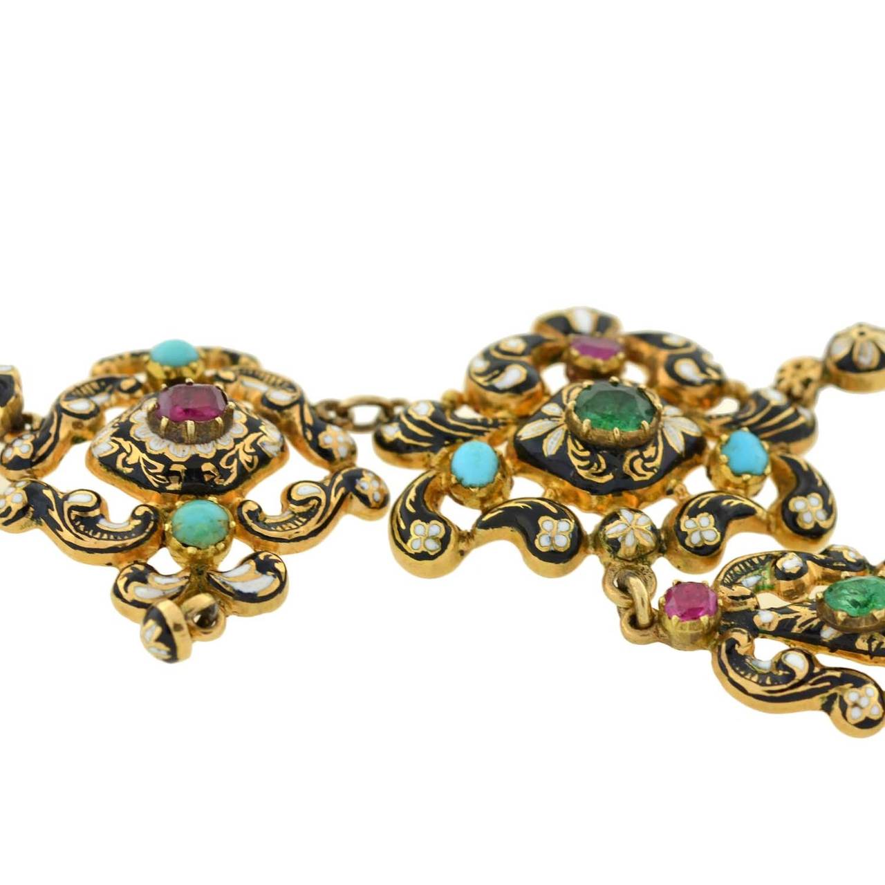 Women's Early Victorian Swiss Enamel Gemstone Gold Earring and Necklace Set