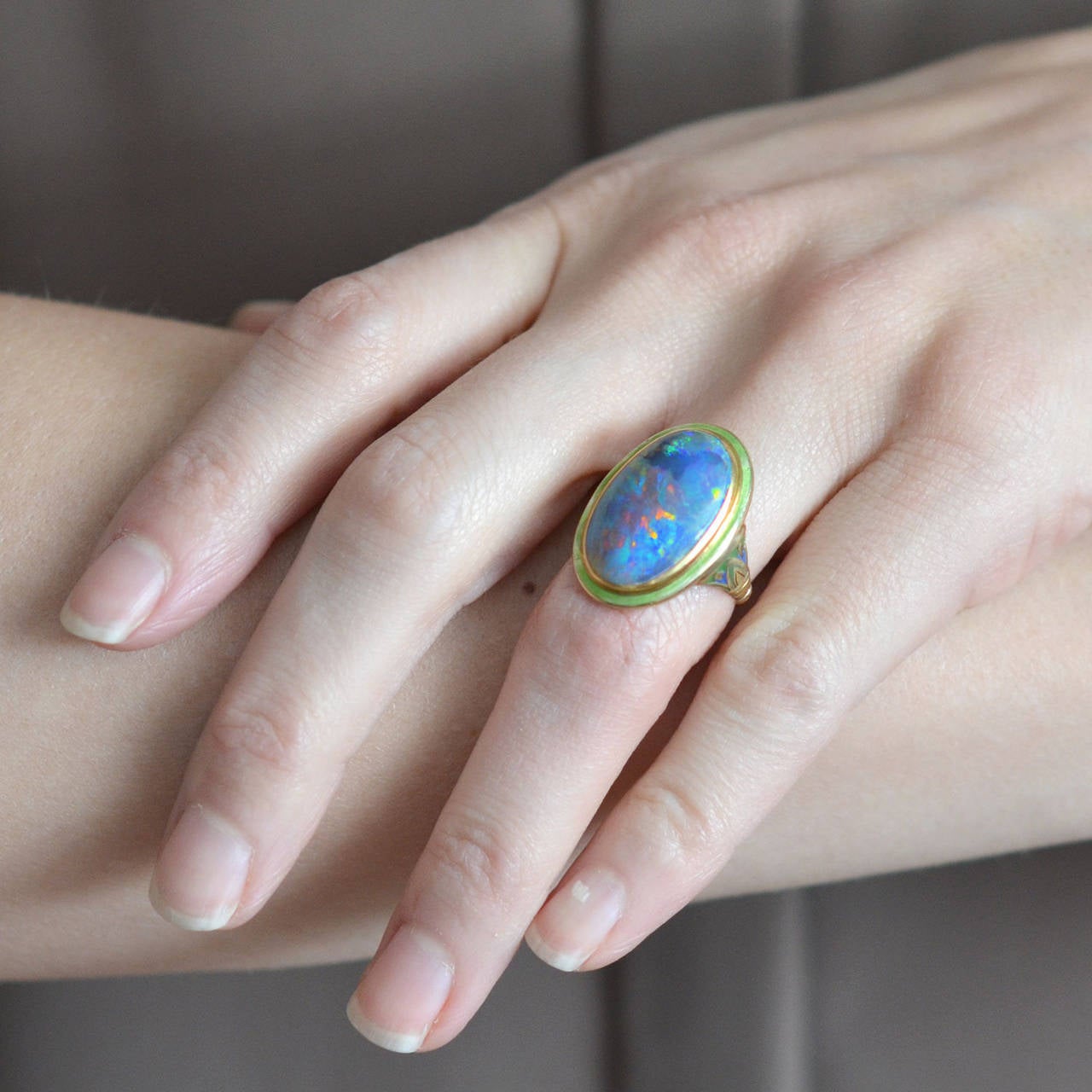 Art Nouveau Enameled Black Opal Gold Ring 3