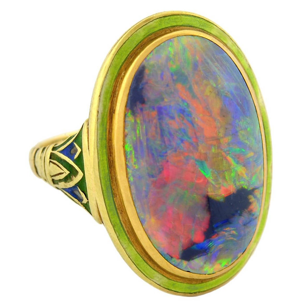 Art Nouveau Enameled Black Opal Gold Ring
