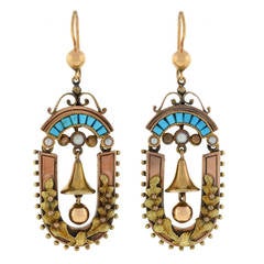 Antique Victorian Persian Turquoise Gold Bell Earrings