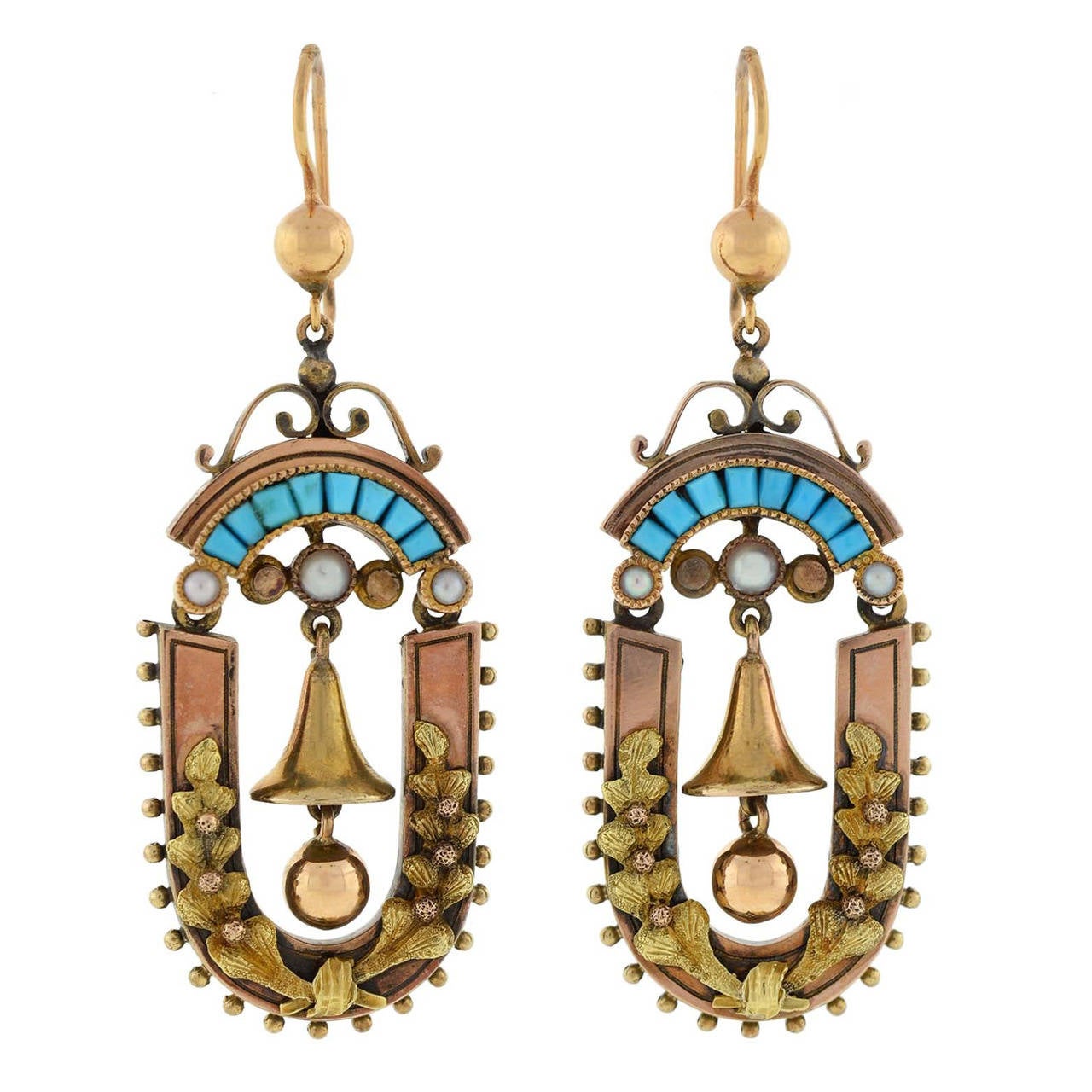 Victorian Persian Turquoise Gold Bell Earrings