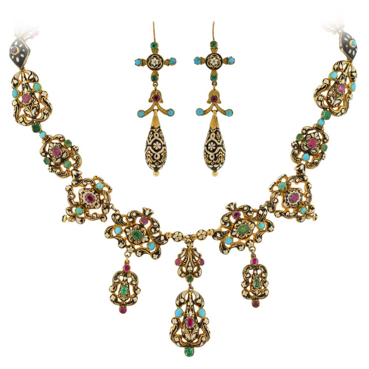 Early Victorian Swiss Enamel Gemstone Gold Earring and Necklace Set