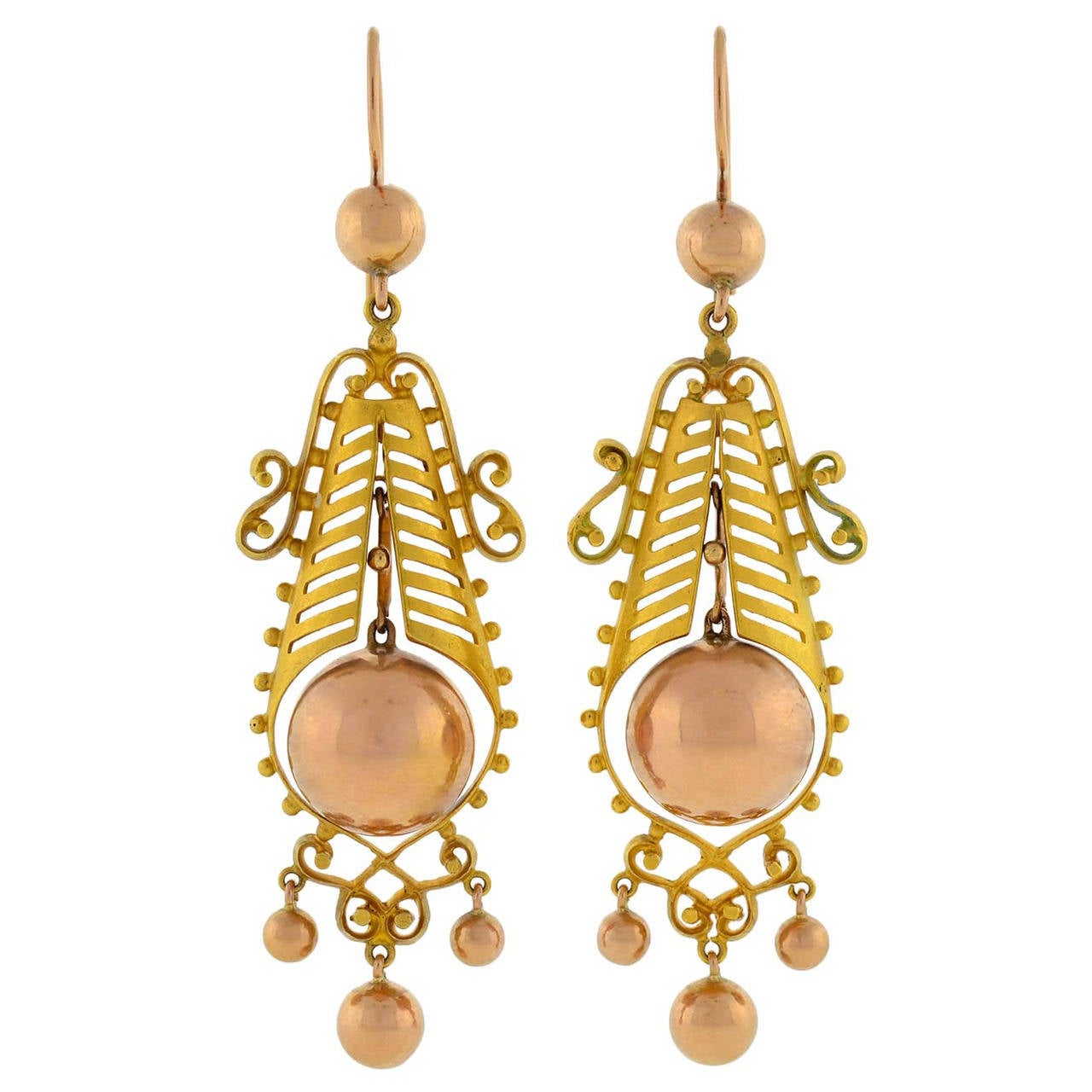 Dramatic Victorian Rose and Yellow Gold Earrings