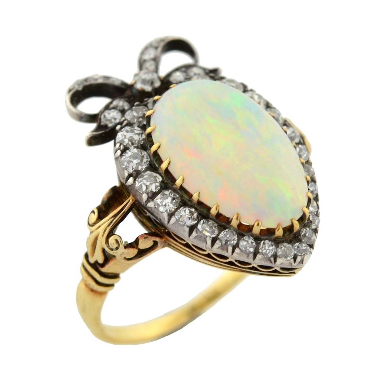 Women's Victorian Opal Diamond Gold Crown and Heart Motif Ring