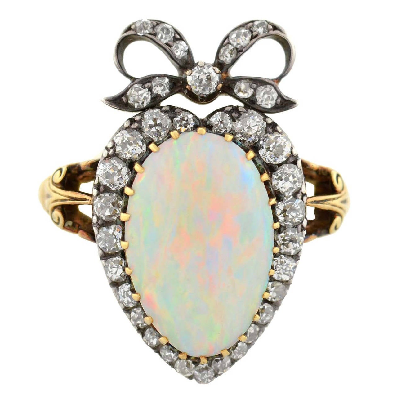 Victorian Opal Diamond Gold Crown and Heart Motif Ring