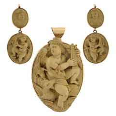 Important Victorian Carved Lava Cameo Earrings Pendant Set 10