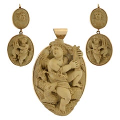 Important Victorian Carved Lava Cameo Earrings Pendant Set