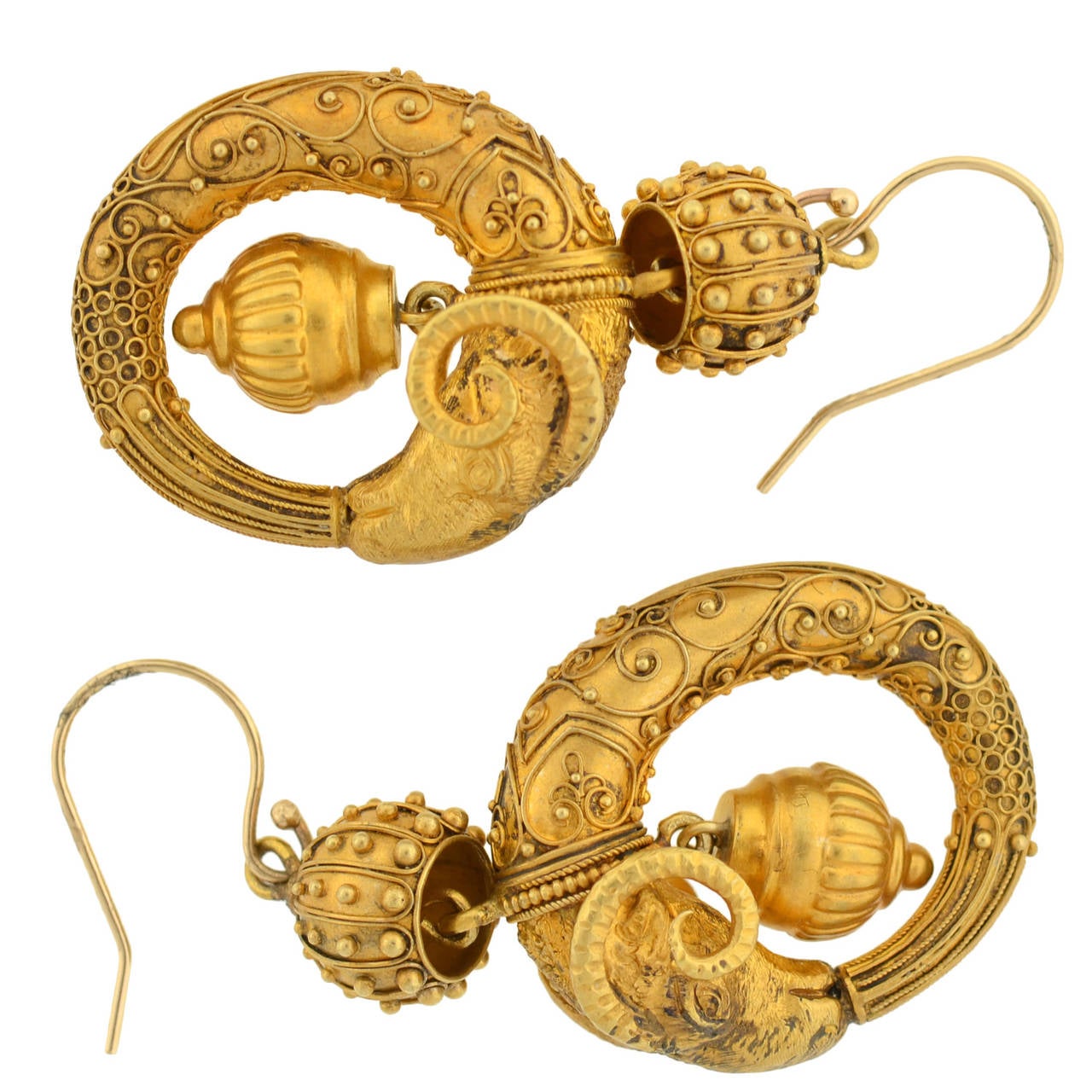 Women's Victorian Etruscan Ram's Head Gold Earrings