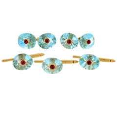 Fünfteiliges Retro-Set aus Manschettenknöpfen und Ohrsteckern mit blauem Topas und Rubin