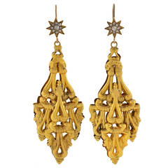 Georgian Dramatic Hand Wrought Gold Diamond Earrings