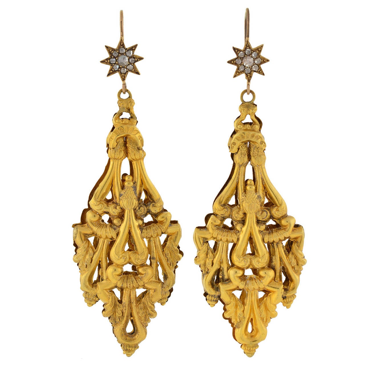 Georgian Dramatic Hand Wrought Gold Diamond Earrings