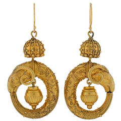 Victorian Etruscan Ram's Head Gold Earrings
