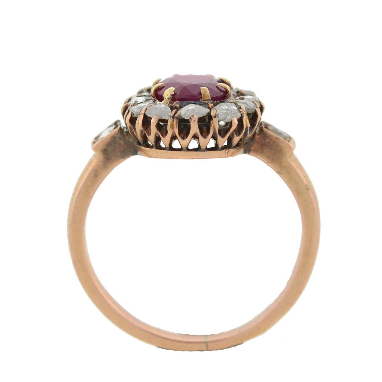 Victorian Burmese Ruby Rose Cut Diamond Gold Cluster Ring In Excellent Condition In Narberth, PA