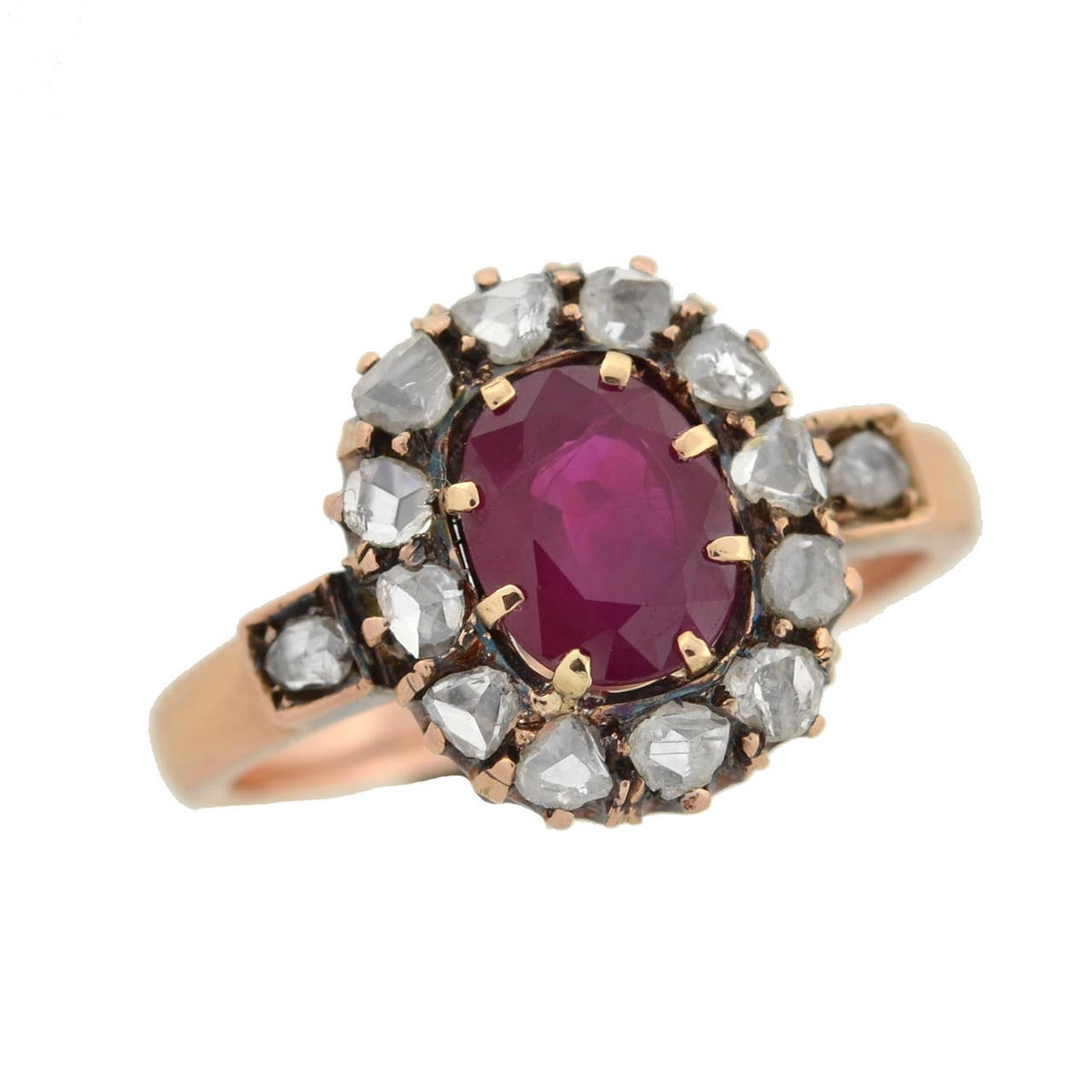 Women's Victorian Burmese Ruby Rose Cut Diamond Gold Cluster Ring