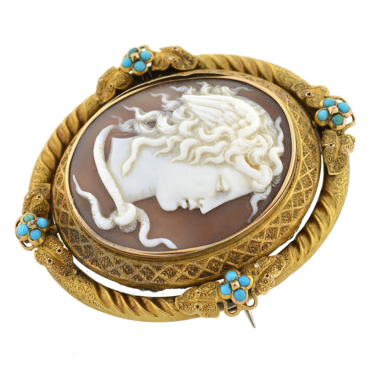 Victorian Carved Medusa Cameo Turquoise Gold Pin In Excellent Condition In Narberth, PA