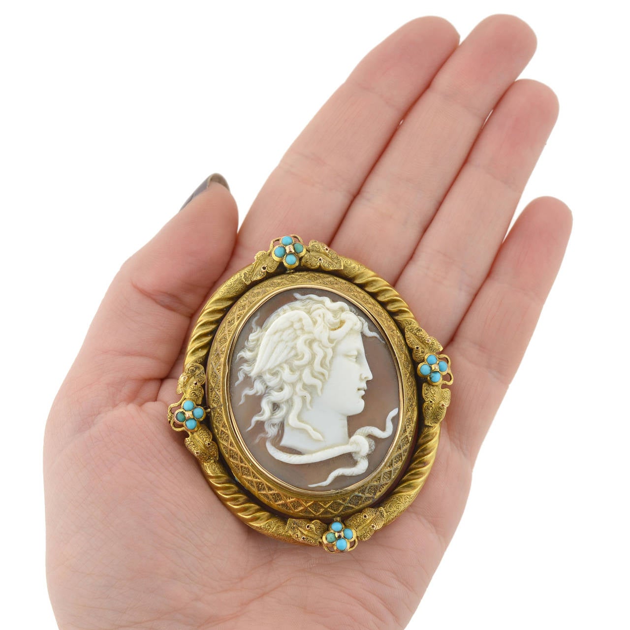 Victorian Carved Medusa Cameo Turquoise Gold Pin 2
