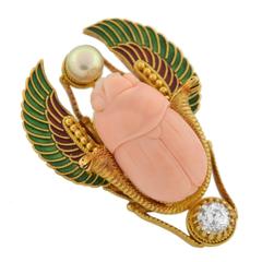 Victorian Egyptian Revival Enamel Carved Coral Pearl Diamond Gold Pin