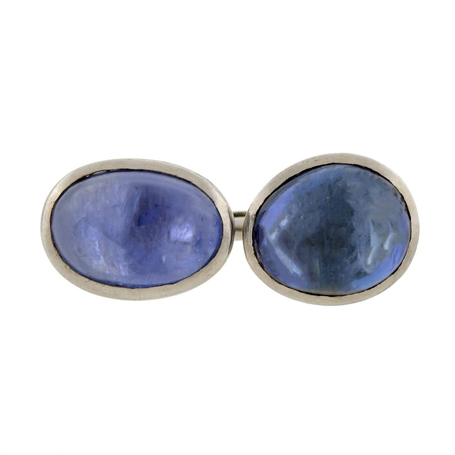 Art Deco Natural Sapphire Cabochon Platinum Cufflinks In Excellent Condition In Narberth, PA