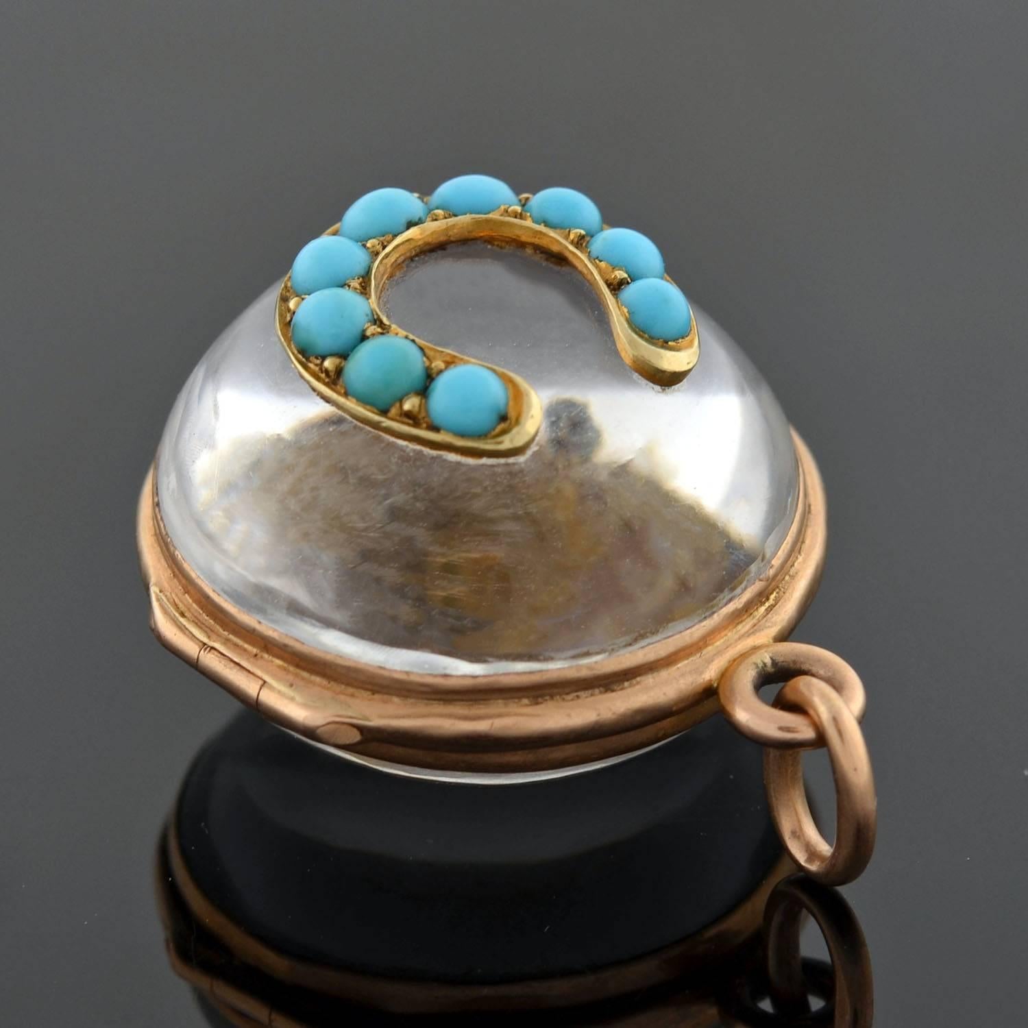 Victorian Rock Crystal Persian Turquoise Horseshoe Locket In Excellent Condition In Narberth, PA