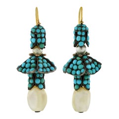Victorian Persian Turquoise Natural Pearl Silver Gold Earrings