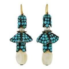 Victorian Persian Turquoise Natural Pearl Silver Gold Earrings 7