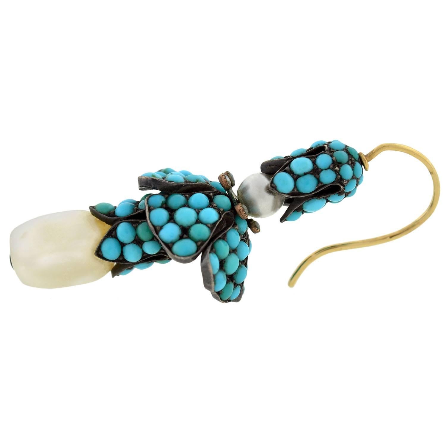 Victorian Persian Turquoise Natural Pearl Silver Gold Earrings 1