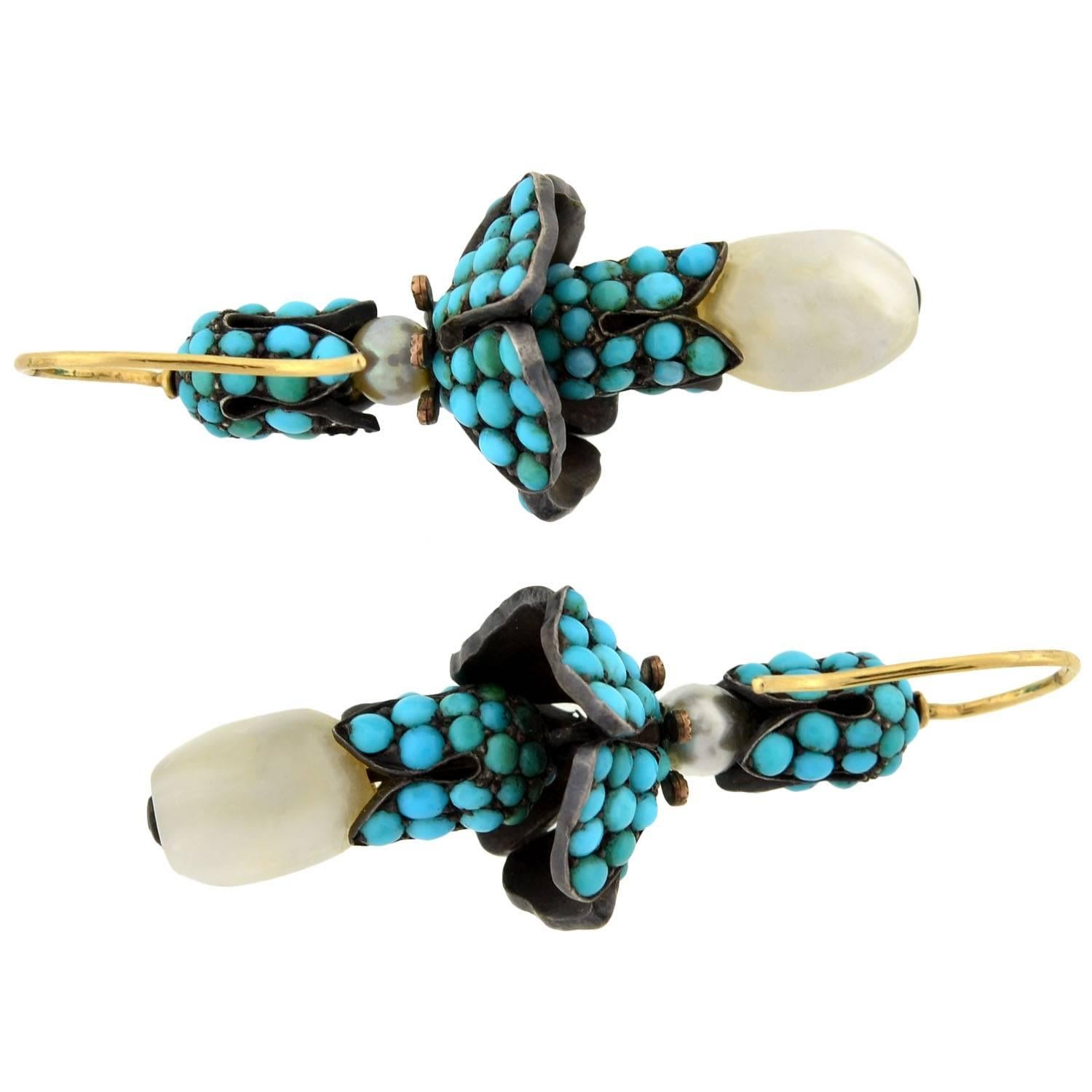 Victorian Persian Turquoise Natural Pearl Silver Gold Earrings 2