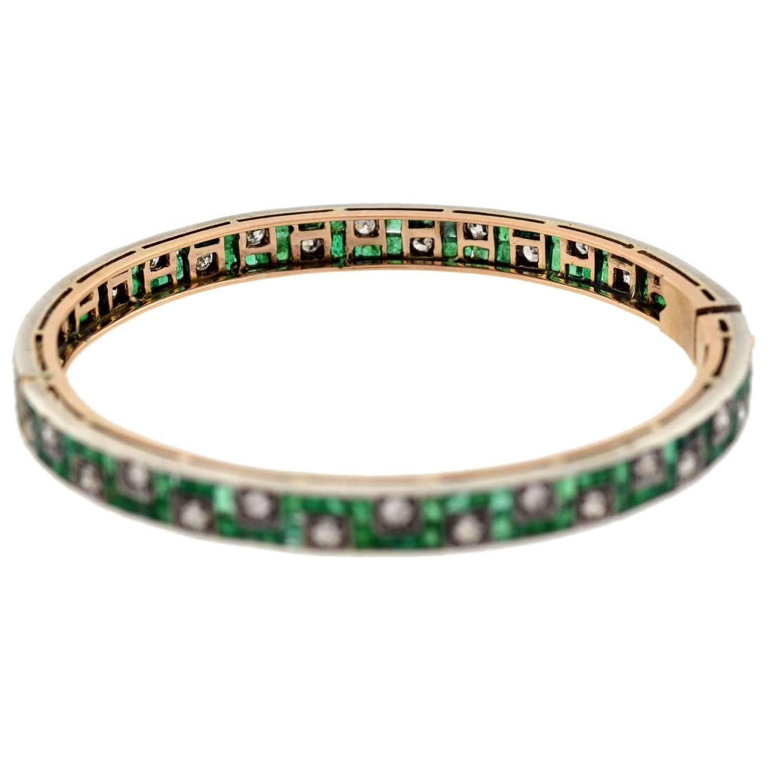 Edwardian Emerald Diamond Gold Platinum Bangle Bracelet 3