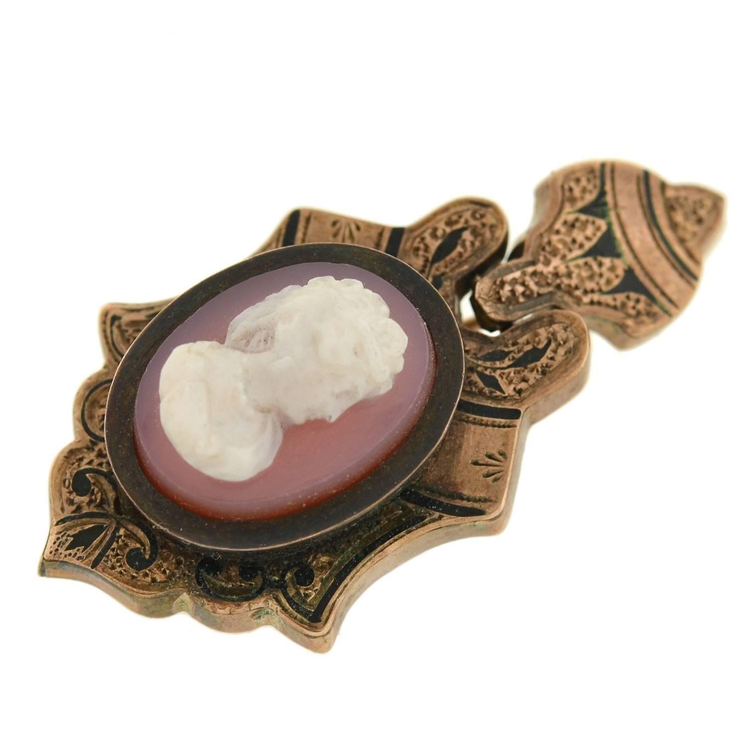 Victorian Hand Carved Sardonyx Cameo Gold Earring Pin Set In Excellent Condition In Narberth, PA