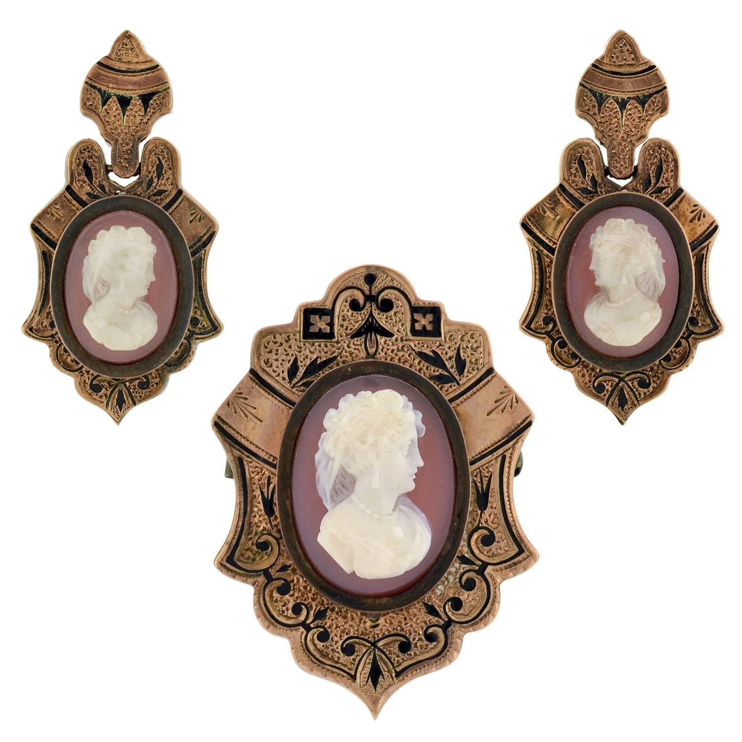 Victorian Hand Carved Sardonyx Cameo Gold Earring Pin Set