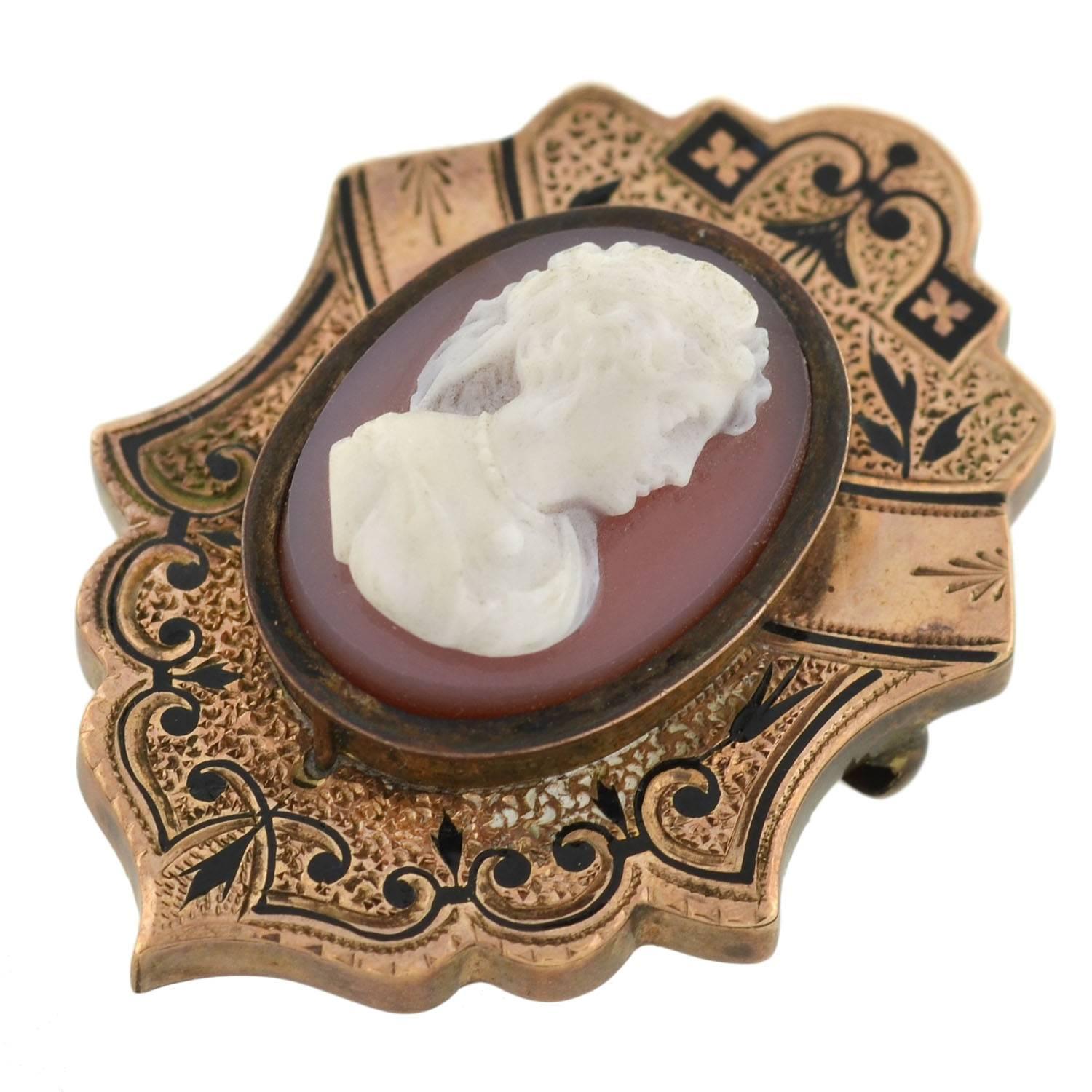 Victorian Hand Carved Sardonyx Cameo Gold Earring Pin Set 2
