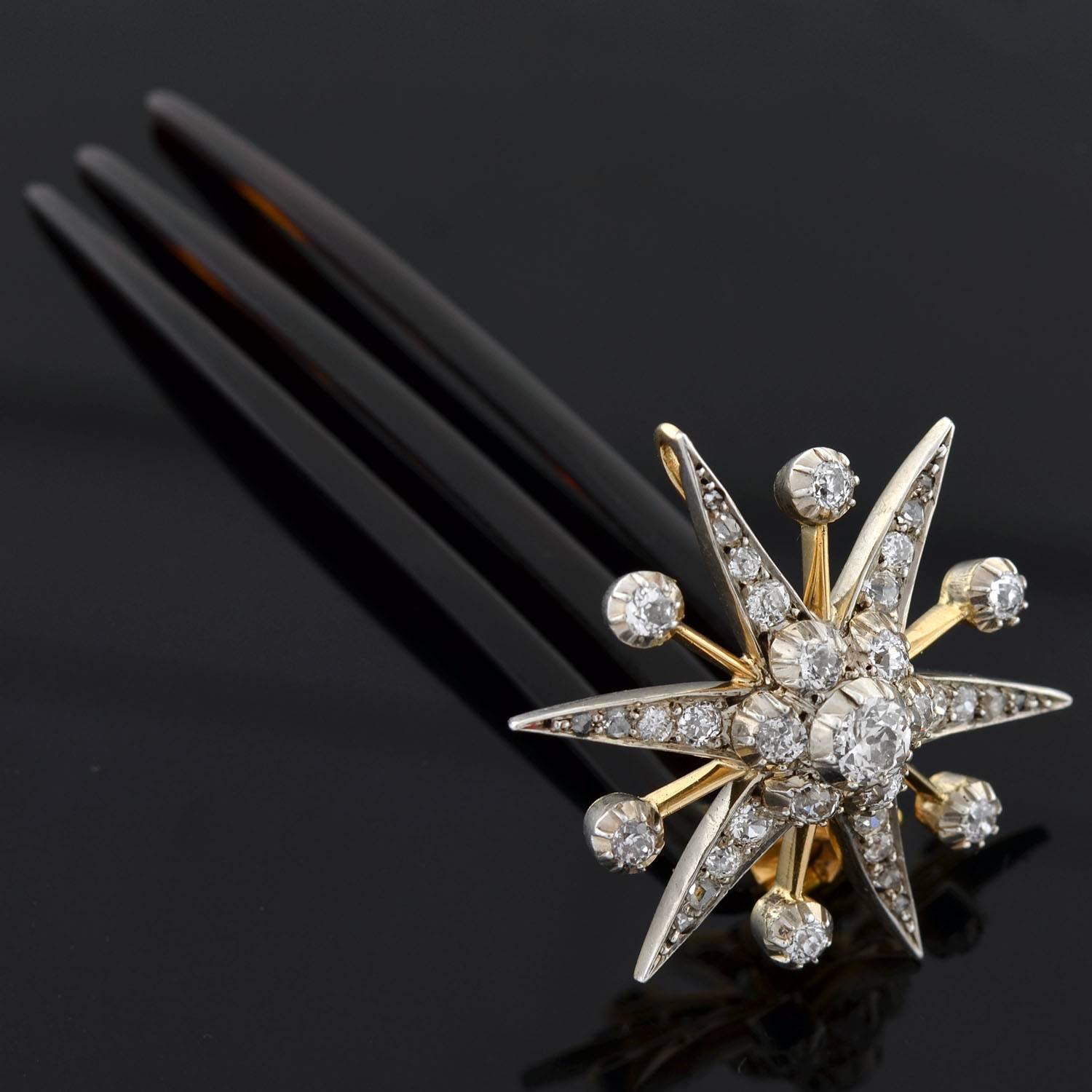 Edwardian Diamond Platinum Starburst Pin Pendant and Hair Pin  2