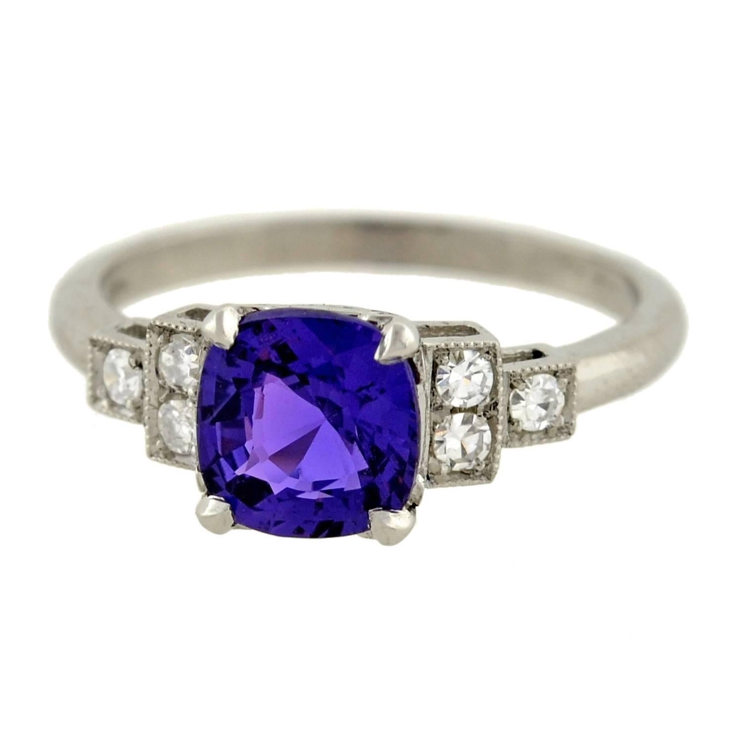 Art Deco  Natural Color Changing 1.65 Carat Sapphire Diamond Platinum Ring 