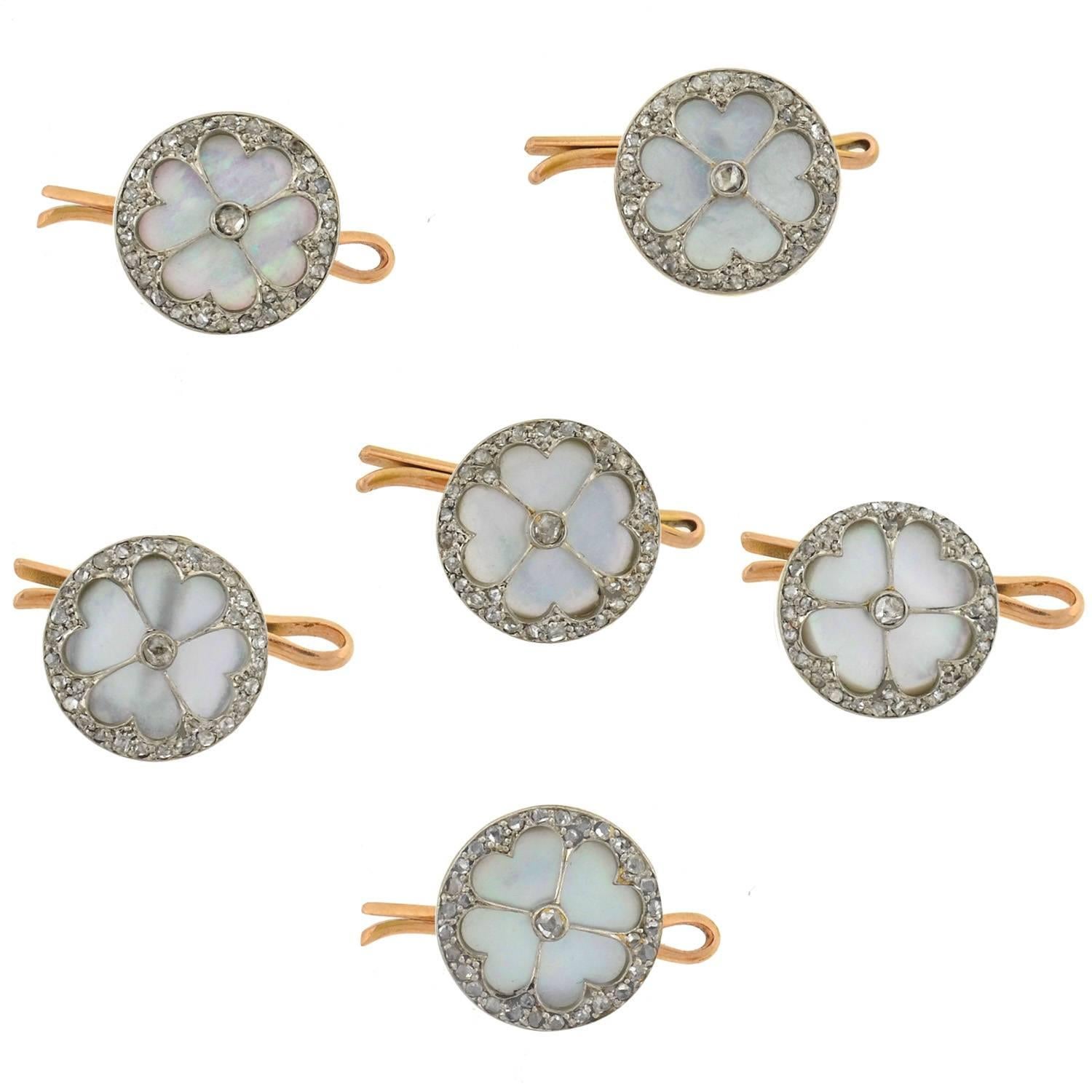 Men's Edwardian Mother of Pearl Diamond Gold Platinum 11 piece Cufflink Set