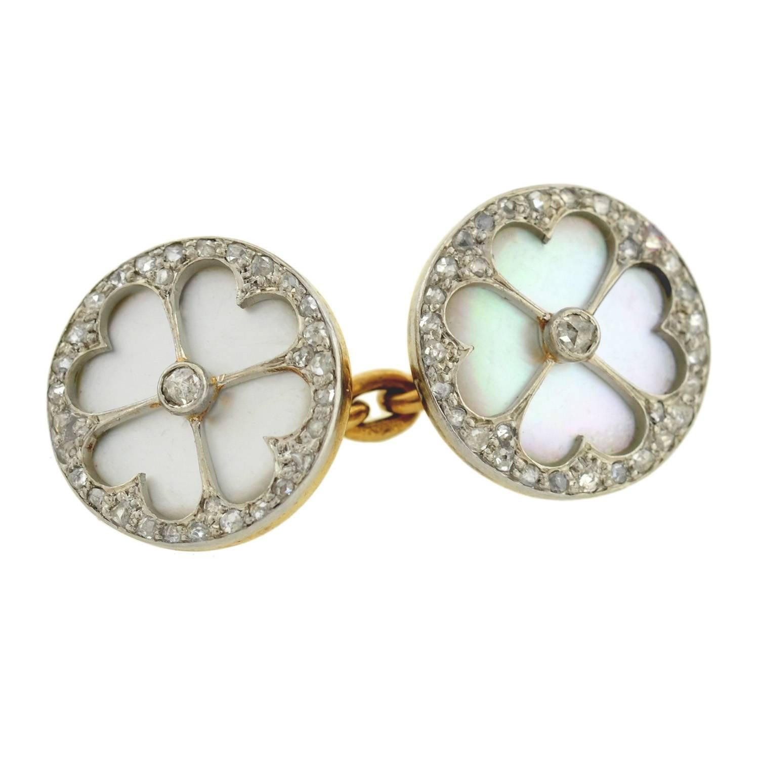 Edwardian Mother of Pearl Diamond Gold Platinum 11 piece Cufflink Set 2