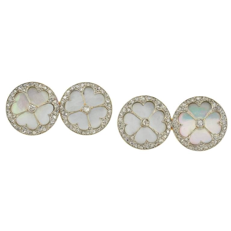 Edwardian Mother of Pearl Diamond Gold Platinum 11 piece Cufflink Set In Excellent Condition For Sale In Narberth, PA