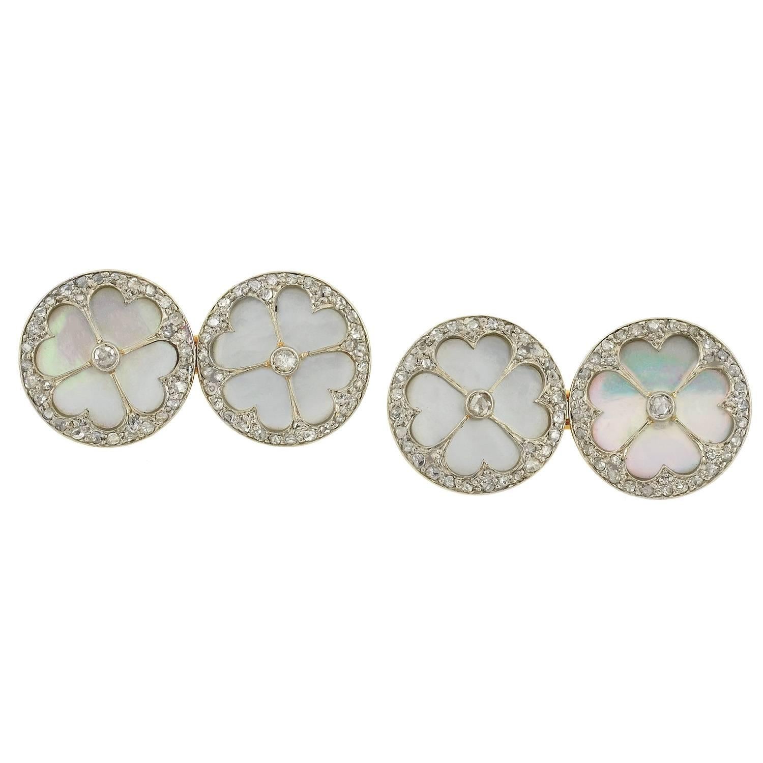 Edwardian Mother of Pearl Diamond Gold Platinum 11 piece Cufflink Set In Excellent Condition In Narberth, PA