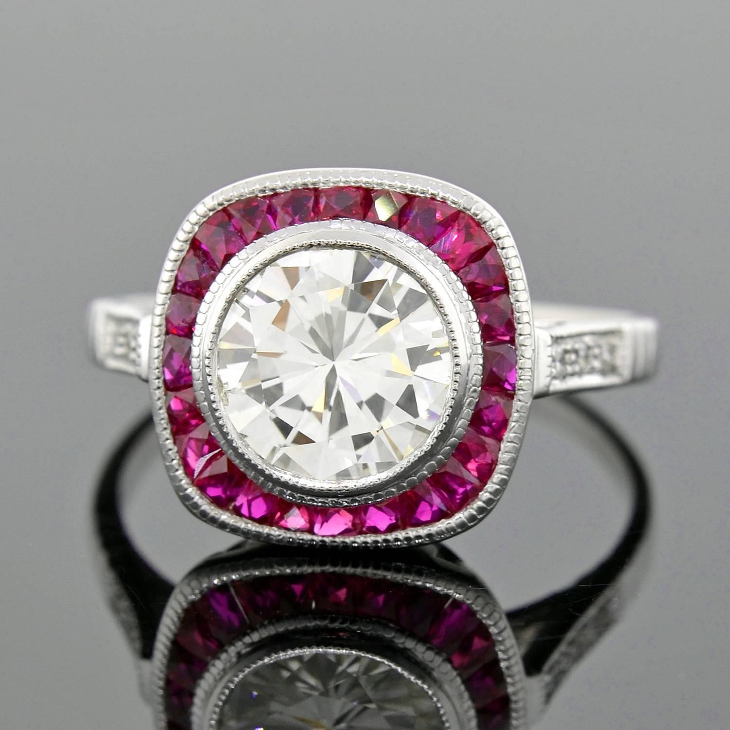 1.52 Carat Diamond Ruby Platinum Bull's Eye Engagement Ring In Excellent Condition In Narberth, PA
