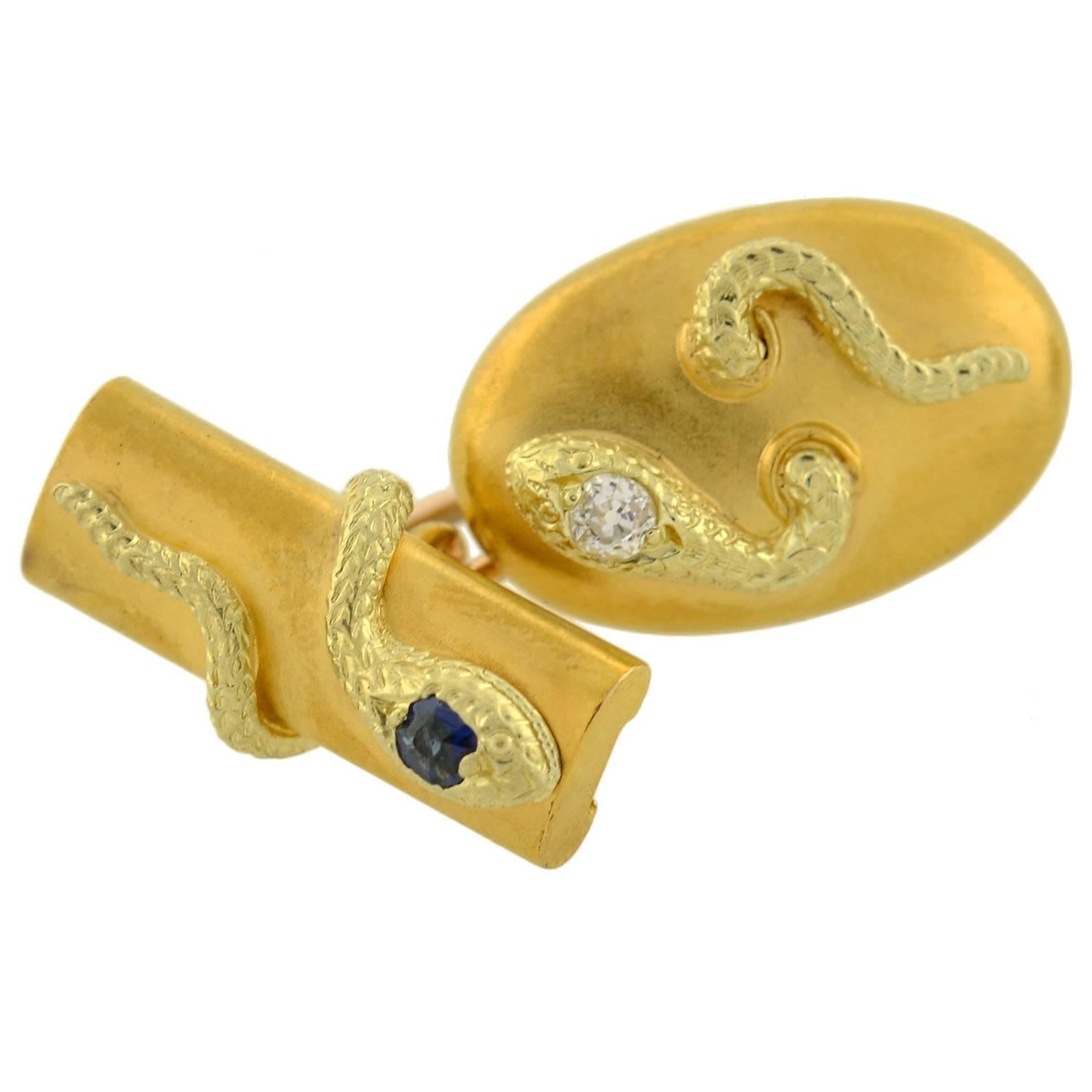 Women's or Men's Victorian Sapphire Ruby Diamond Gold Snake Cufflinks