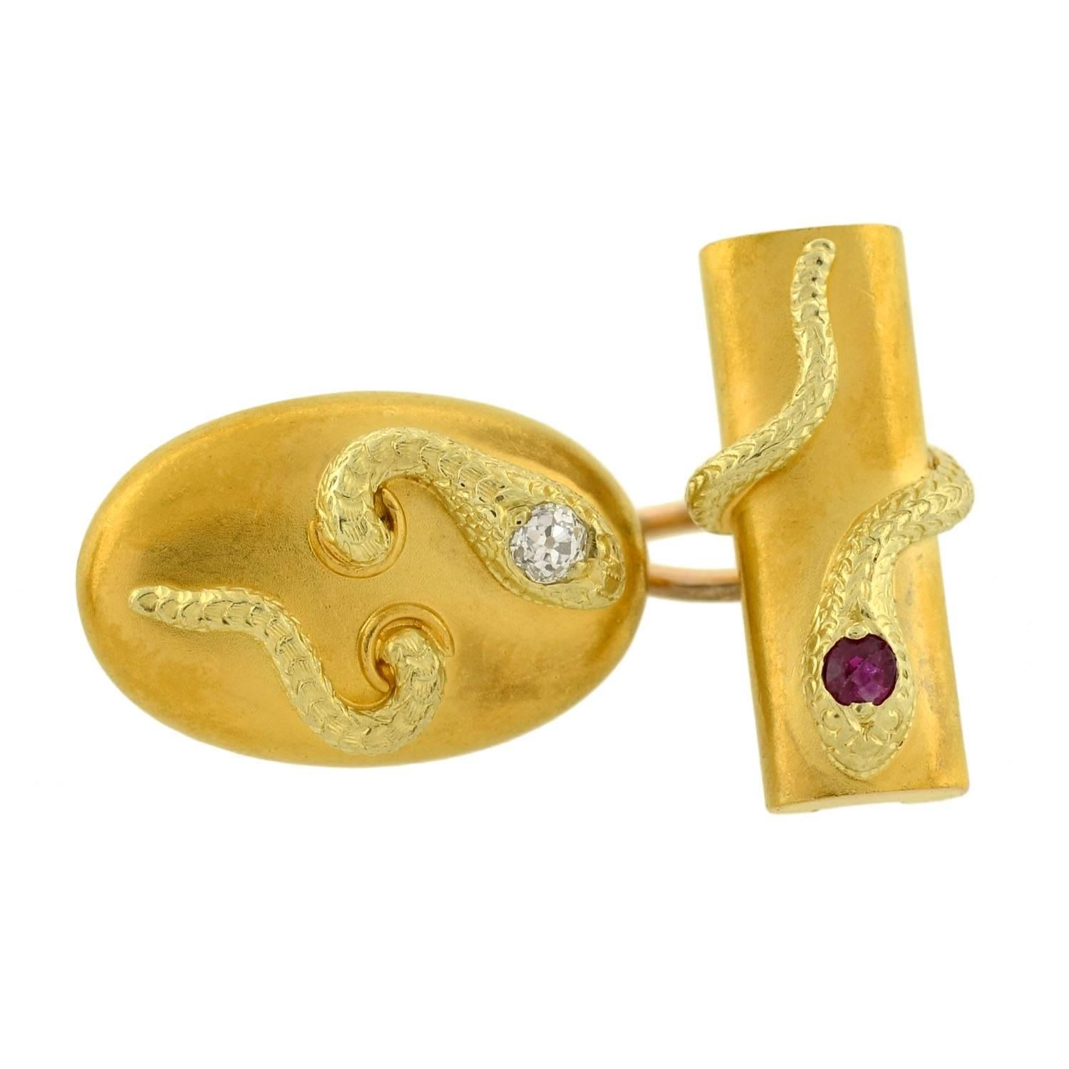 Victorian Sapphire Ruby Diamond Gold Snake Cufflinks In Excellent Condition In Narberth, PA