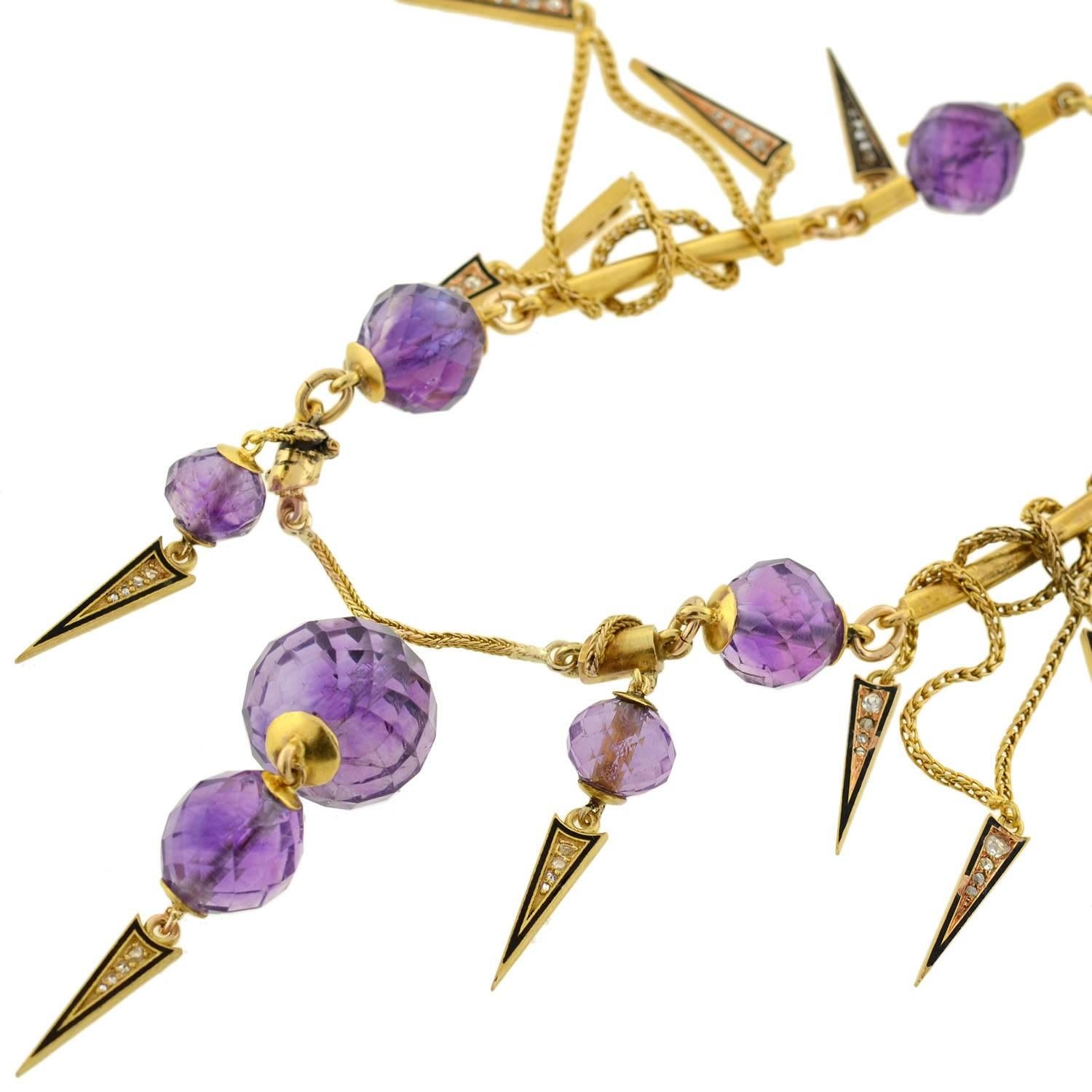 Victorian Enameled Amethyst Rose Cut Diamond Gold Festoon Necklace For Sale 1