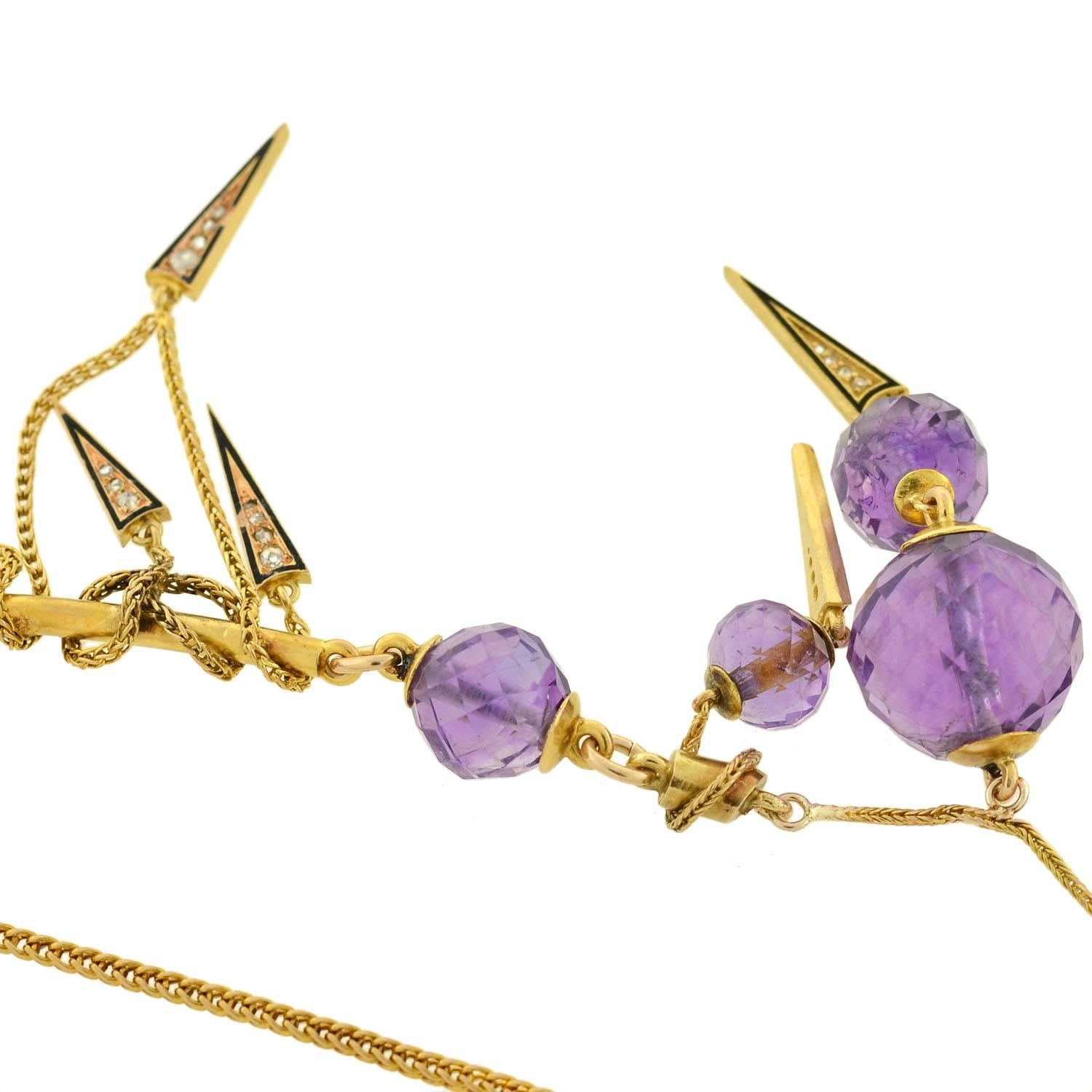 Victorian Enameled Amethyst Rose Cut Diamond Gold Festoon Necklace For Sale 2