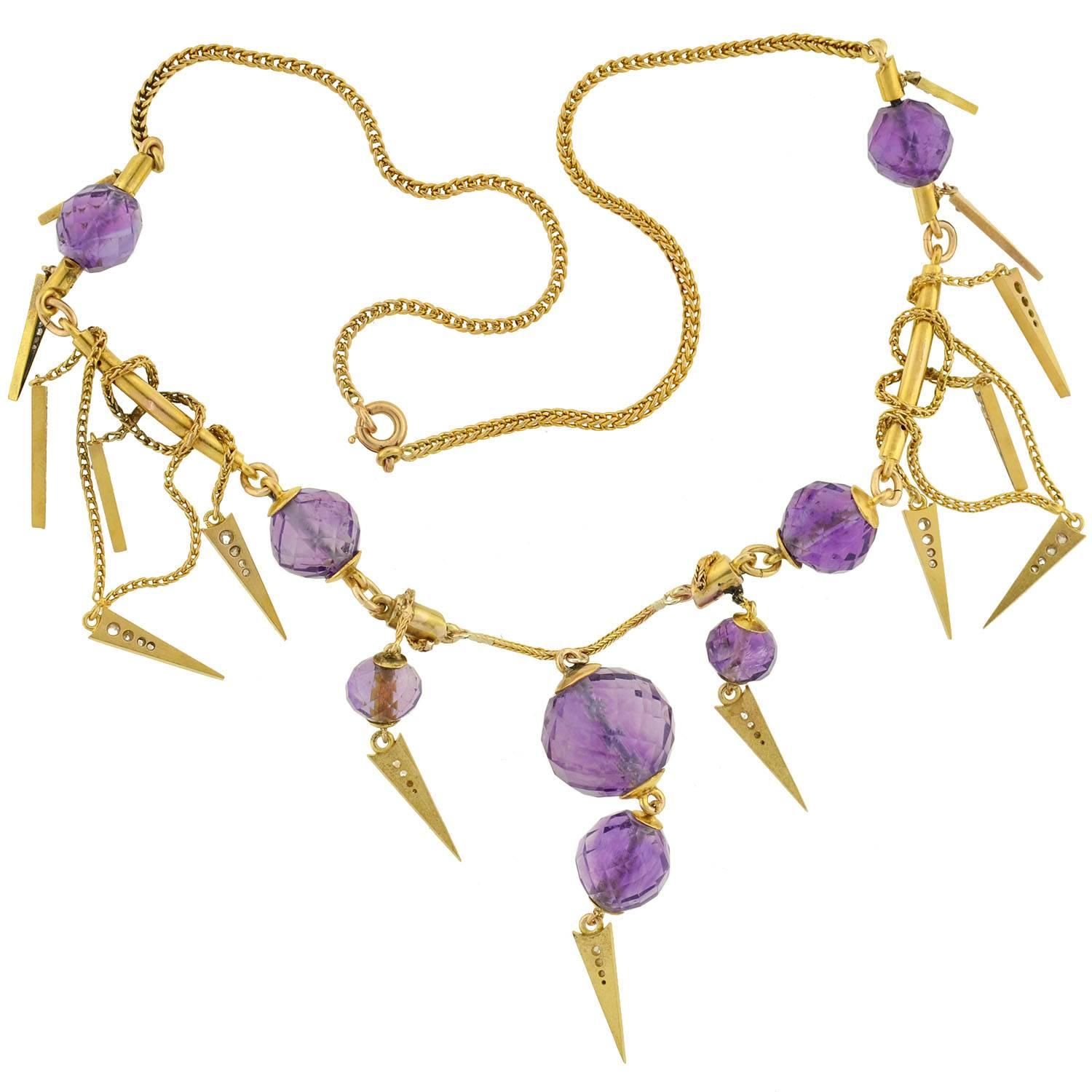 Victorian Enameled Amethyst Rose Cut Diamond Gold Festoon Necklace For Sale 4