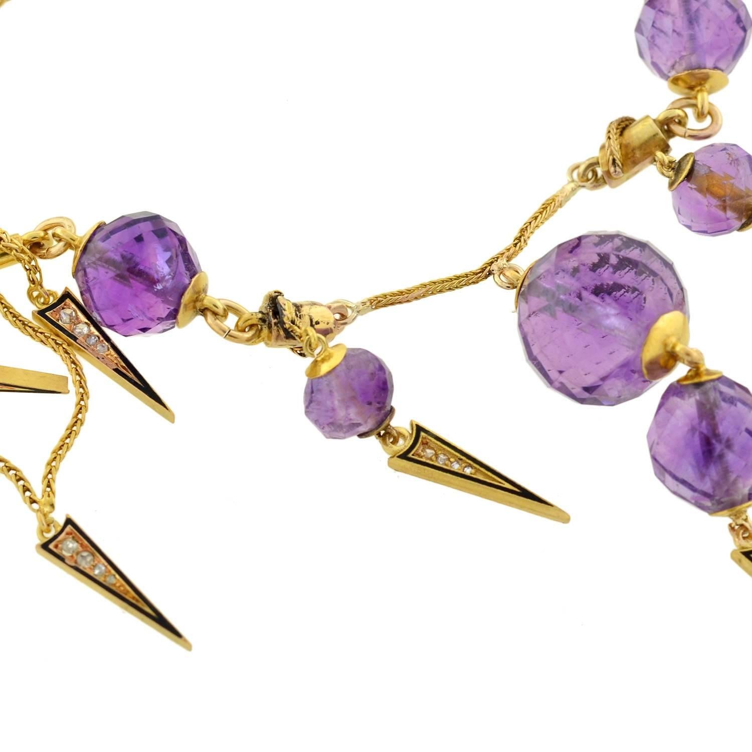 Victorian Enameled Amethyst Rose Cut Diamond Gold Festoon Necklace For Sale 3