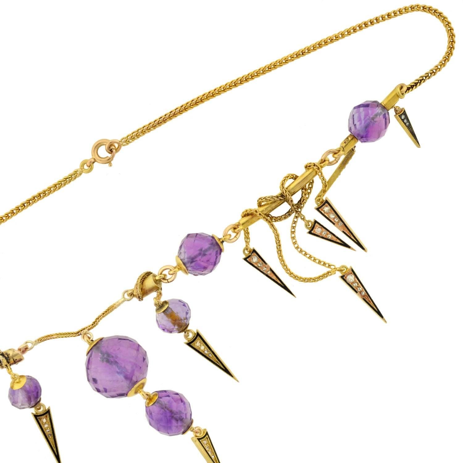 Women's or Men's Victorian Enameled Amethyst Rose Cut Diamond Gold Festoon Necklace For Sale